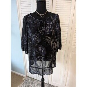 JMS Top Women's 1X Floral Blue Black Roses Print Sheer Pullover Blouse Romantic